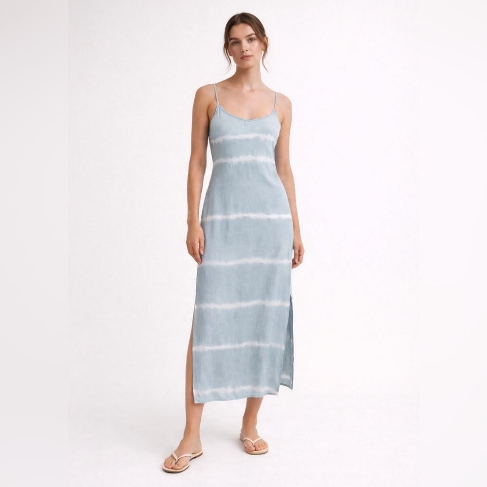 Bella Dahl pale blue and white shibori dyed midi dress with tie and side slits M